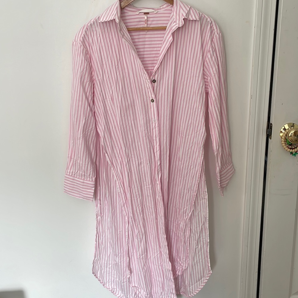 Free People Pink and White Striped Shirt Dress